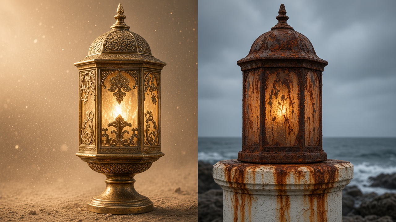 Cast-aluminium lantern beside a rusted iron outdoor light
