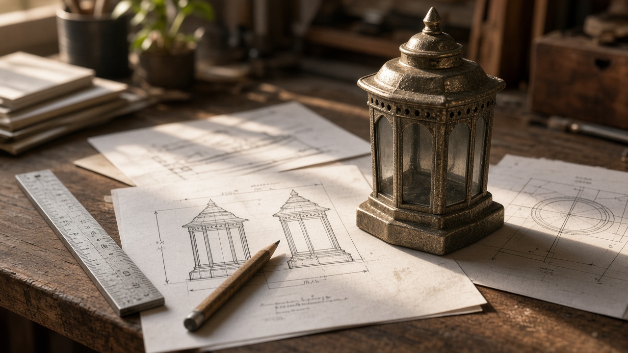 Architect desk with a cast-aluminium lantern sample on a printed spec sheet