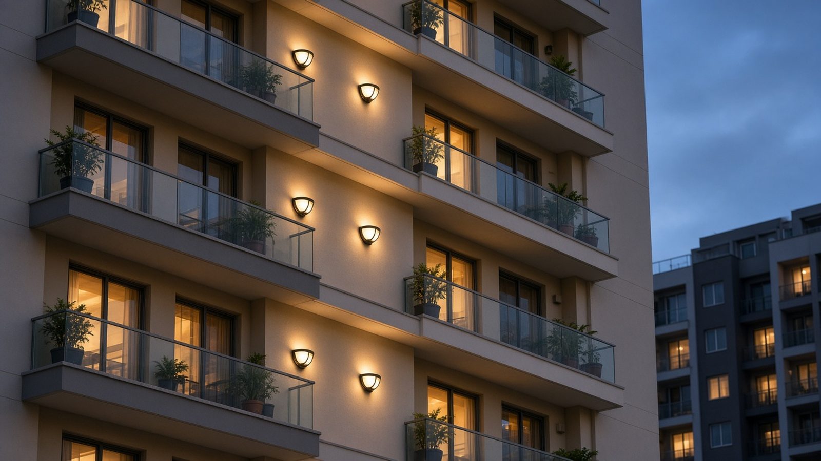 Small warm wall lights glowing beside stacked apartment balconies with glass railings at dusk