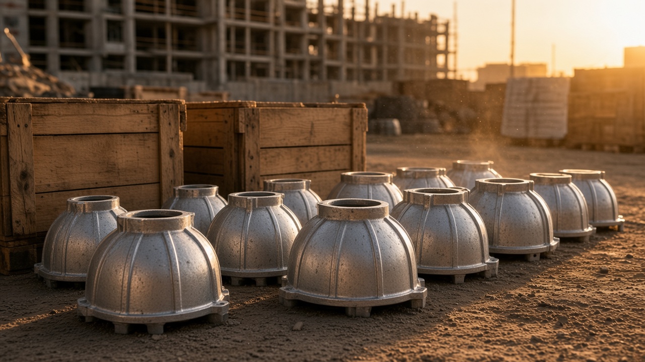 Rows of identical cast-aluminium lanterns ready for a housing project