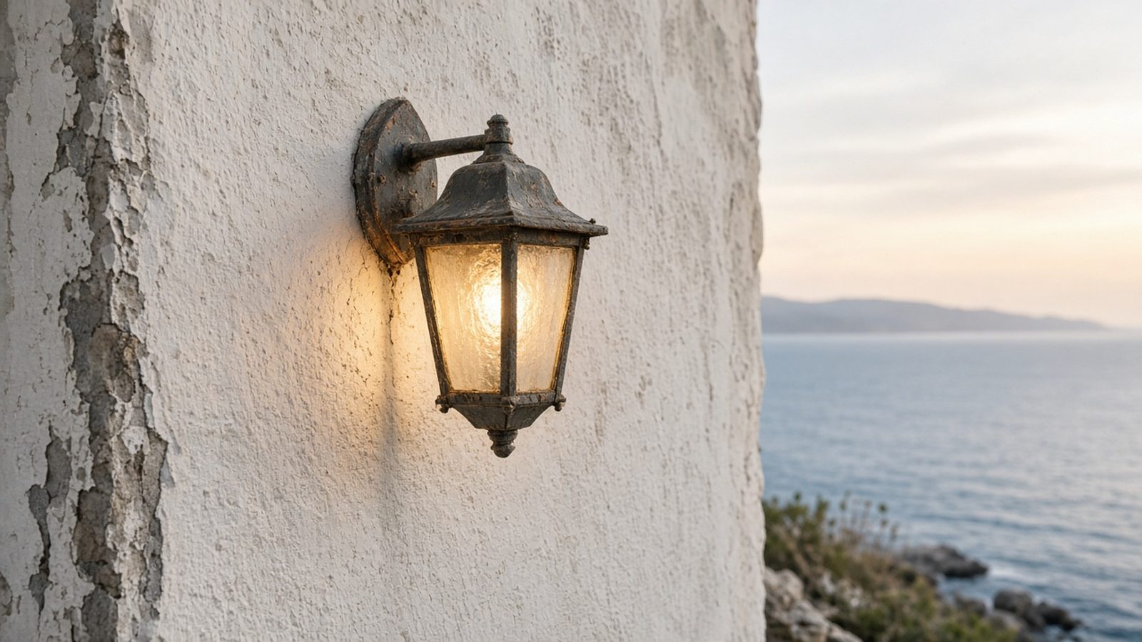 Weathered wall lantern on a white coastal villa beside the sea