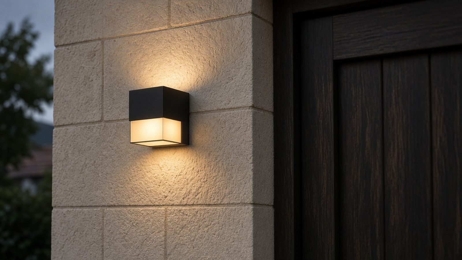 Black cube wall light glowing on a stone gate pillar beside a dark timber gate at dusk