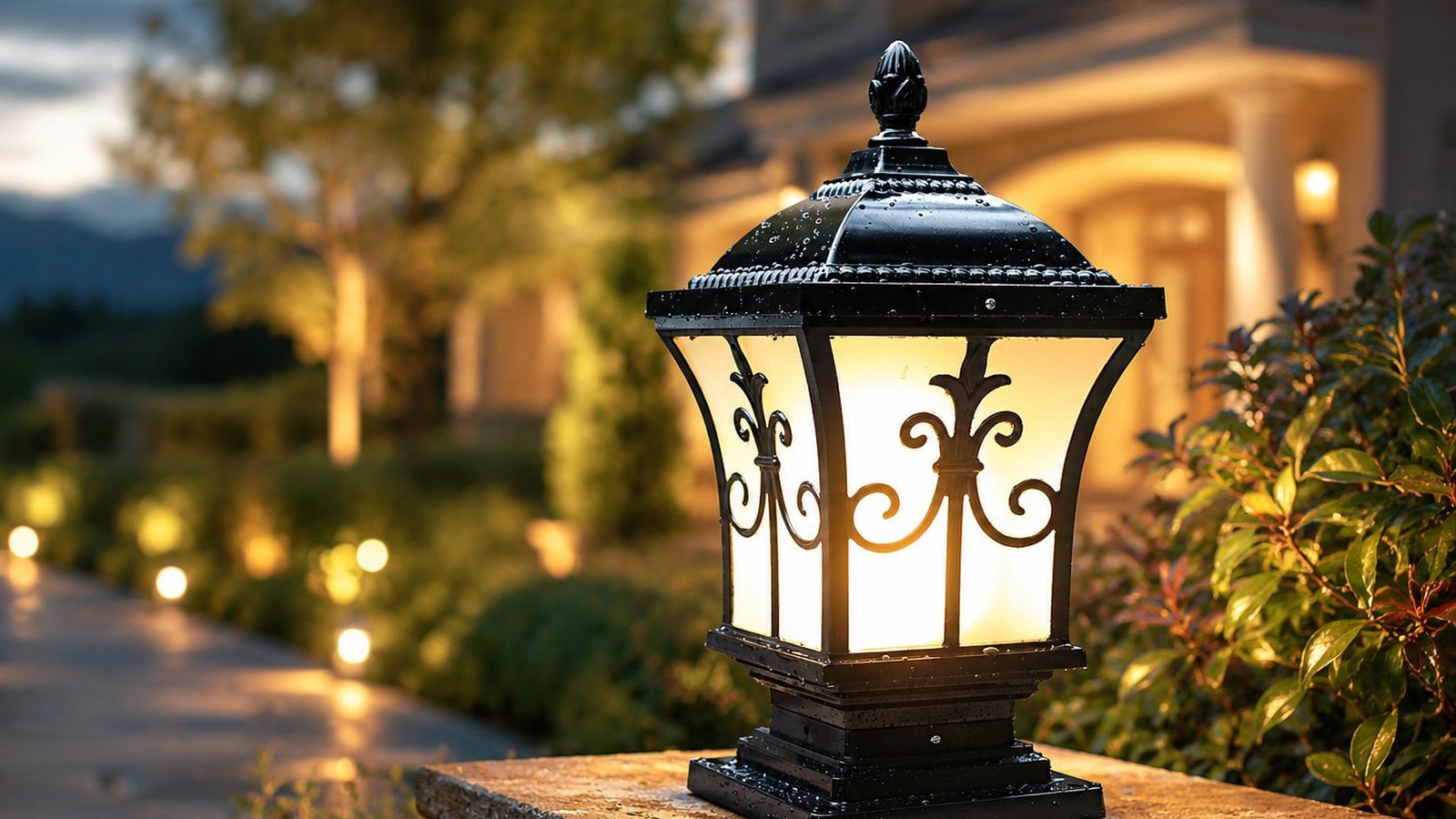 Cast-aluminium gate lantern with glass glowing on a stone pillar at dusk
