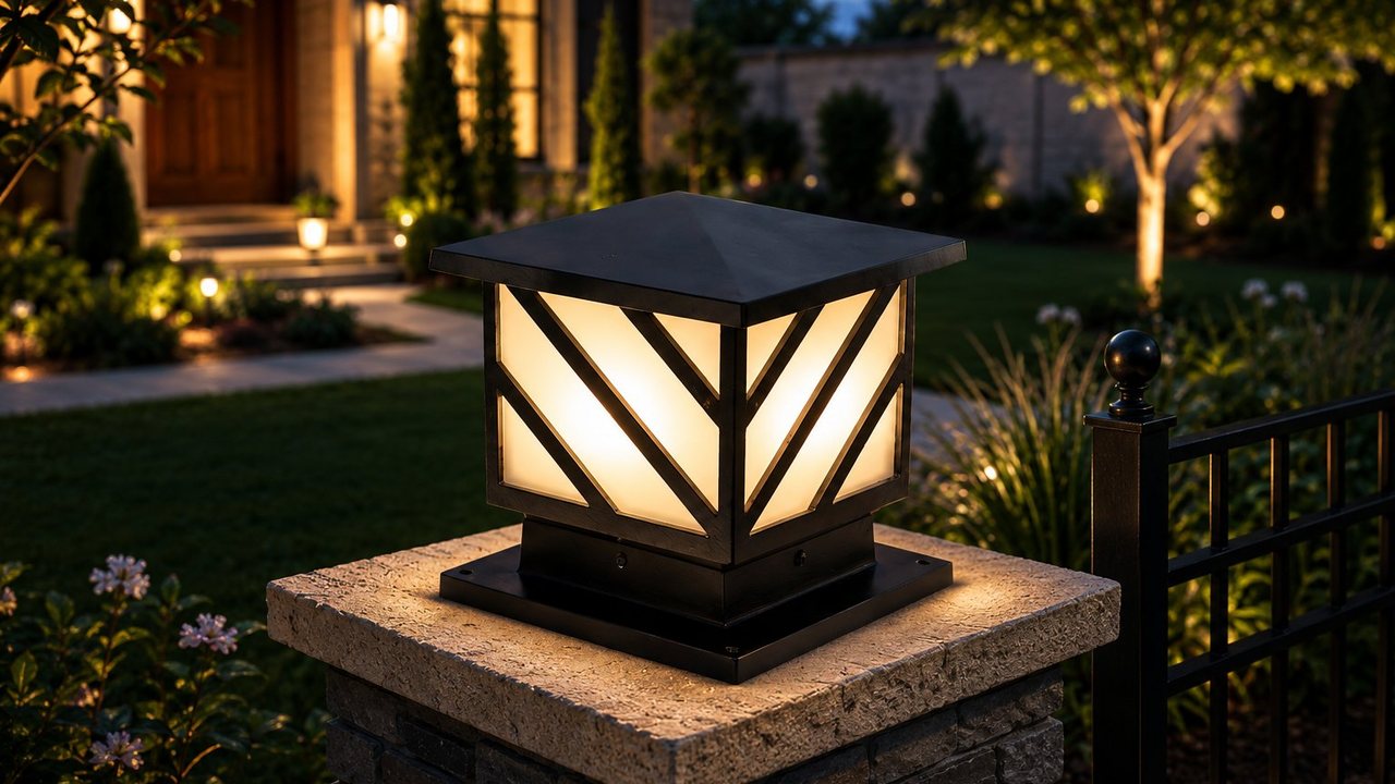 Square cast-aluminium pillar light glowing on a stone gate pillar at dusk, with a wall light by the front door