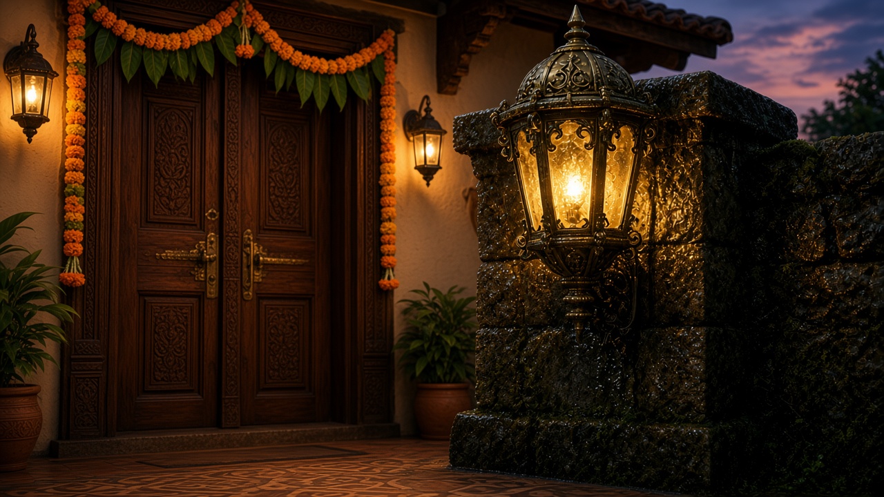 Cast-aluminium lantern on a stone gate pillar at an Indian farmhouse entrance