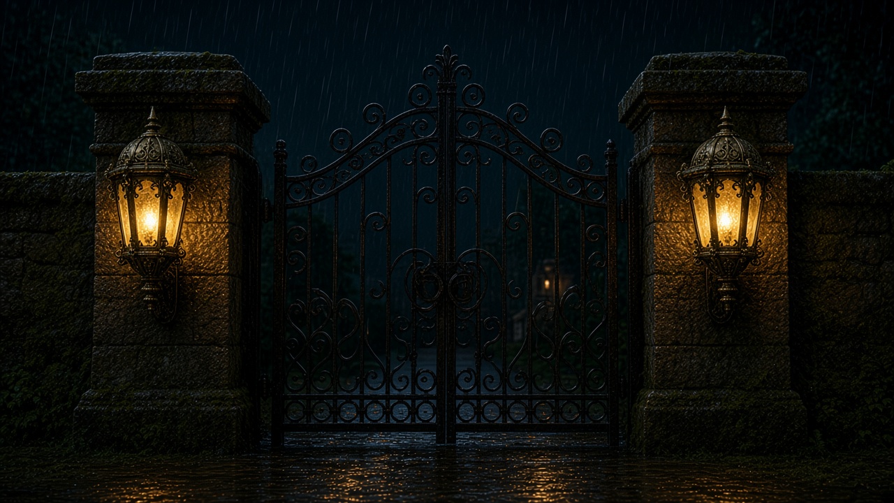 Pair of cast-aluminium gate lanterns glowing on stone pillars at night