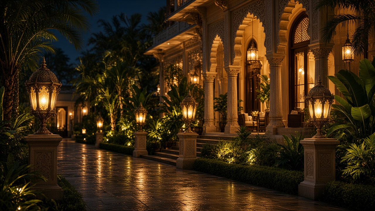 Warm outdoor lanterns along a hotel garden path at night