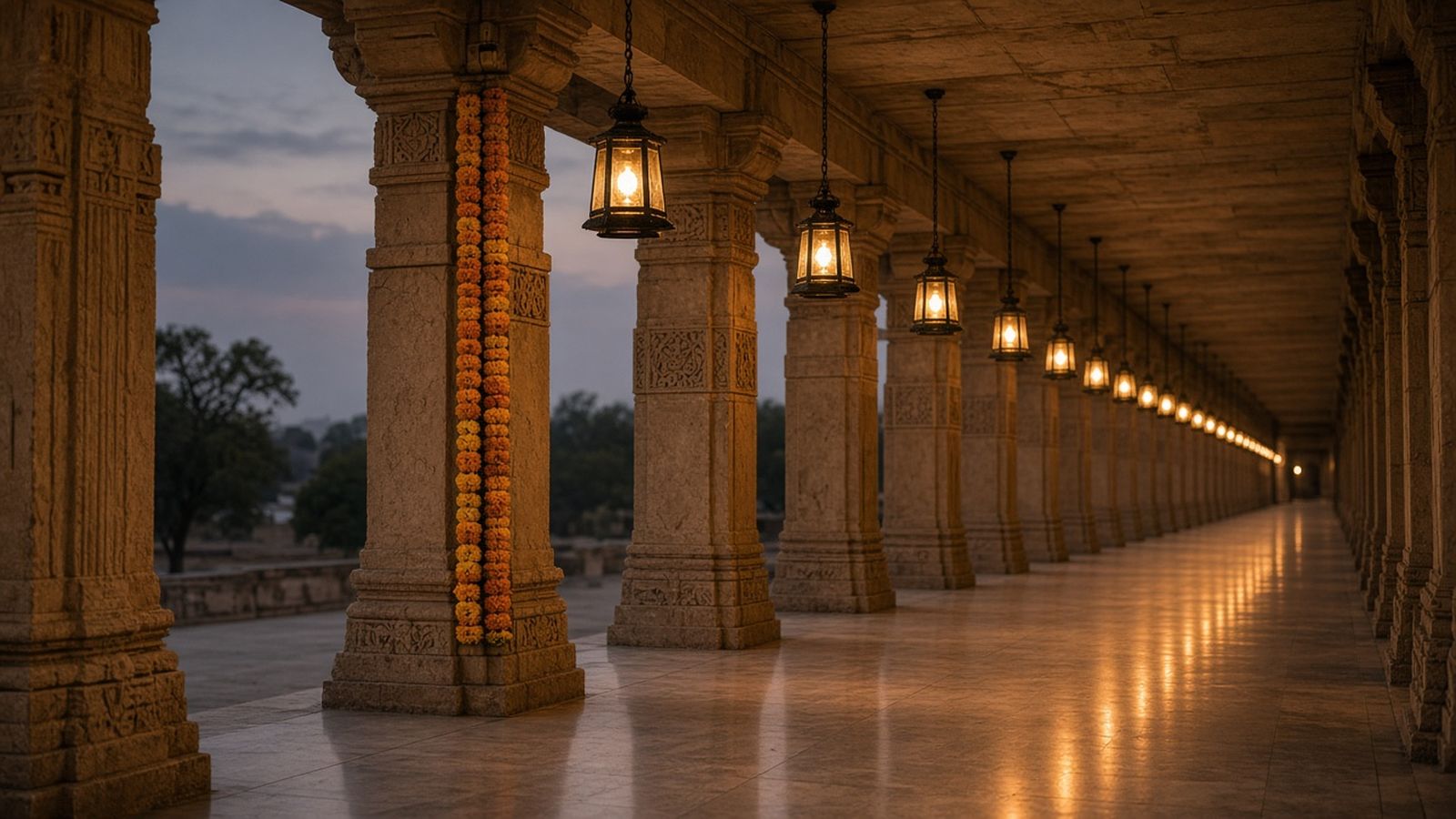 Row of black glass lanterns hanging between carved sandstone pillars in a temple corridor at dusk
