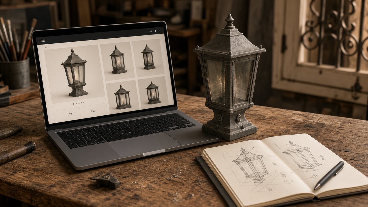 Laptop showing a lighting catalogue next to a cast-aluminium lantern in a workshop