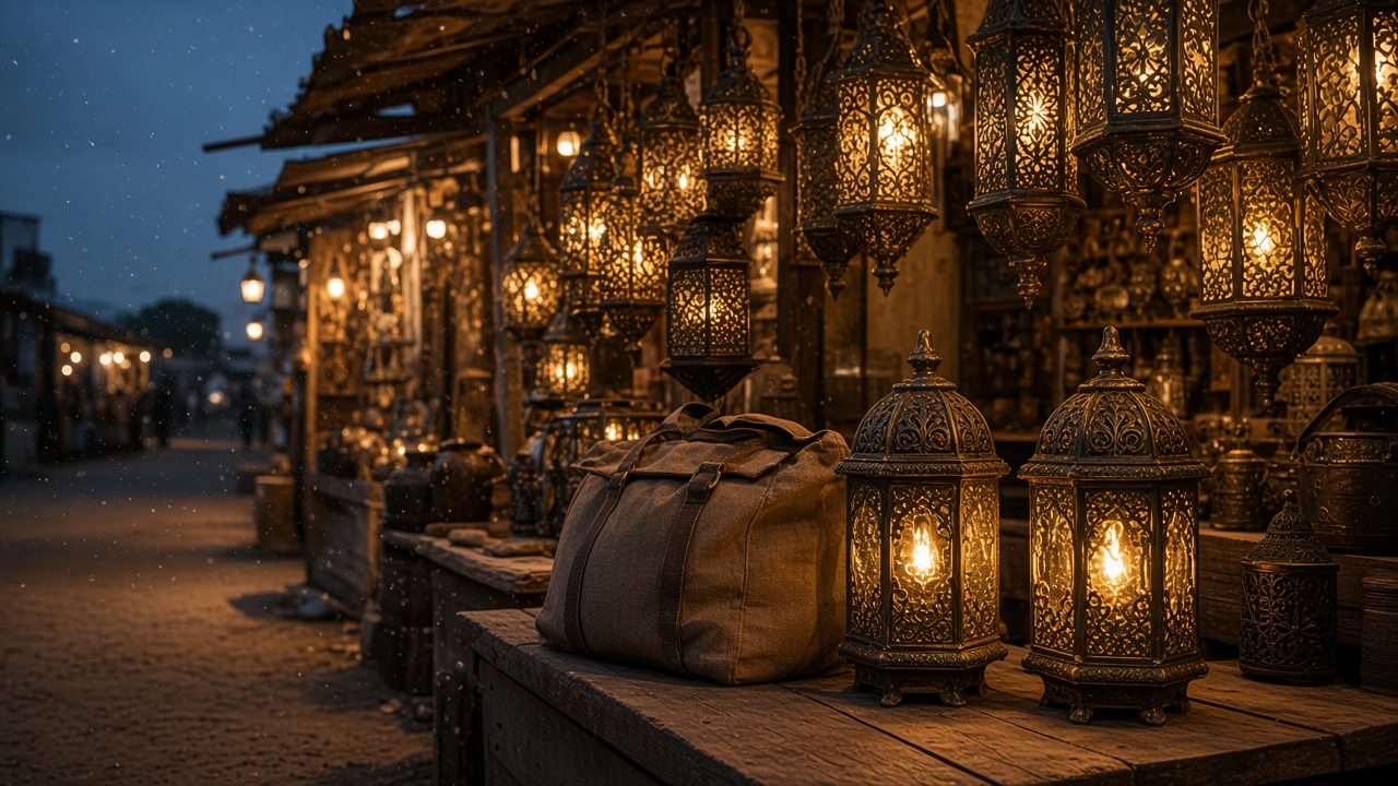Lanterns hanging in an Indian lighting bazaar at dusk