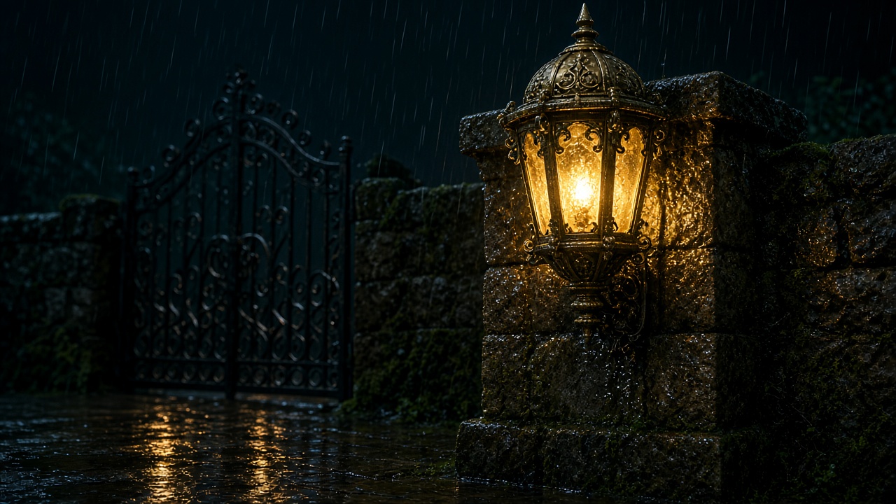 Cast-aluminium gate lantern glowing on a wet stone pillar in a North Indian monsoon