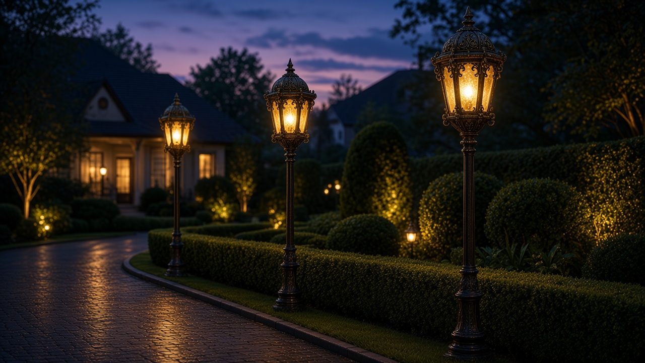 Cast-aluminium pole lanterns lining a garden driveway at twilight