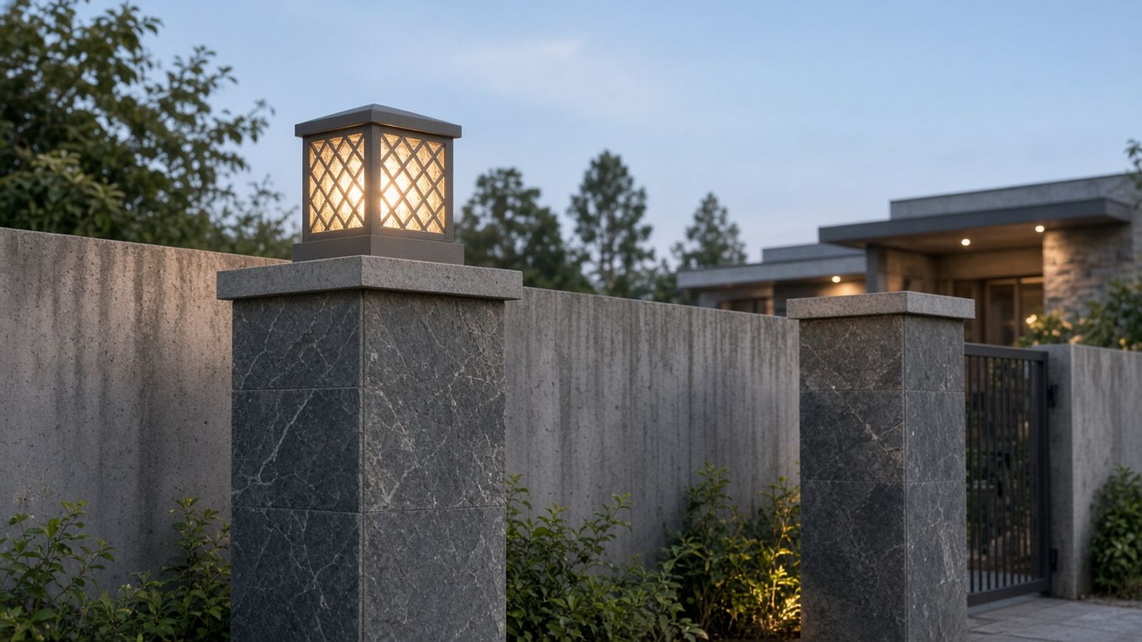 Grey square lattice gate light glowing on a grey stone clad pillar beside a concrete boundary wall at dusk