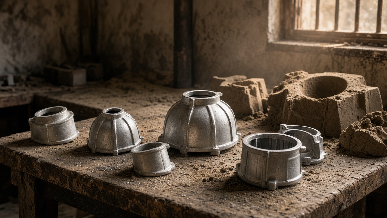 Cast aluminium lantern bodies on a workbench in an Aligarh workshop