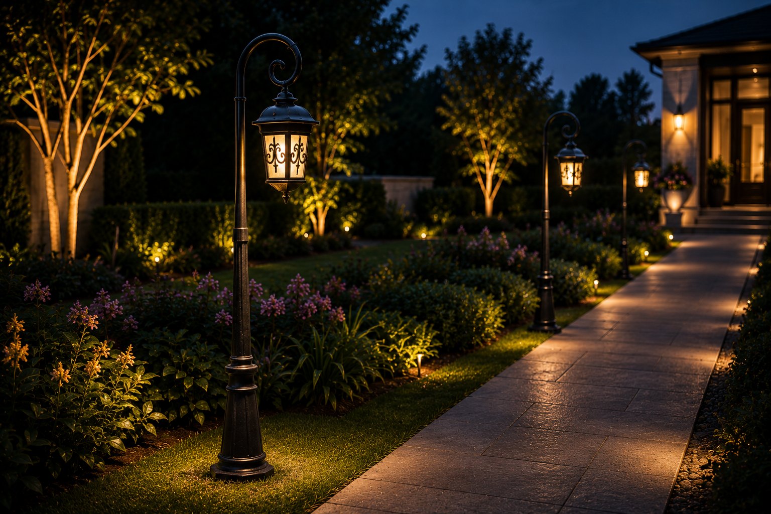 Padma scroll pole lantern lighting a garden walkway