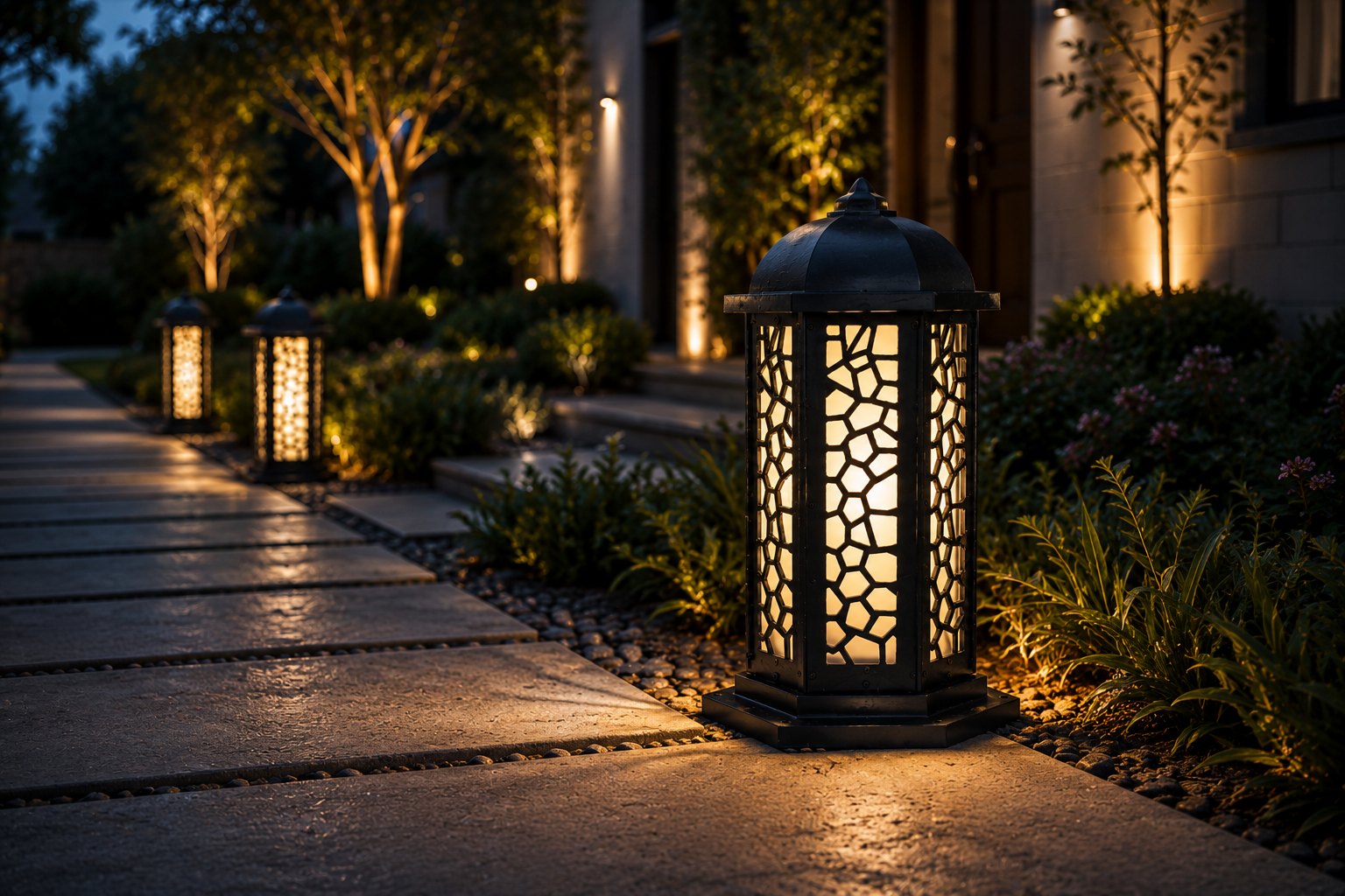 Padma honeycomb pillar lantern crowning a gatepost